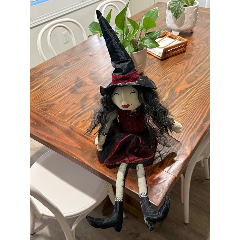 Halloween Fabric Witch Shelf Sitter Burgundy Black Tulle Dress Pointed Hat 27"